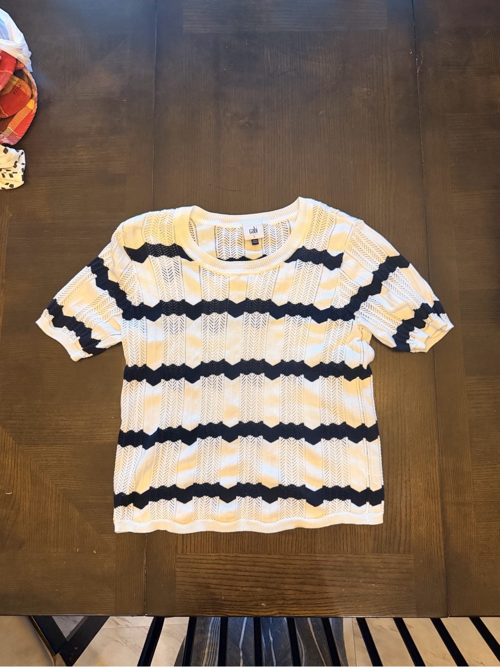 CAbi White and Navy Striped Short Sleeve Knit Top
